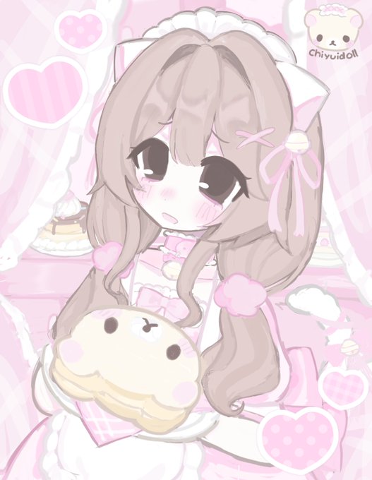1girl, artist_name, brown_eyes, brown_hair, chiyuidoll, food, heart, korilakkuma