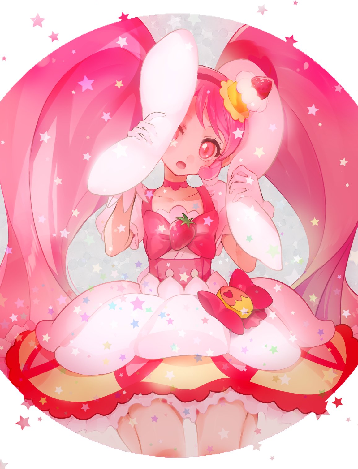 1girl, animal_ears, border, bow, bubble_skirt, cake_hair_ornament, choker, commentary_request