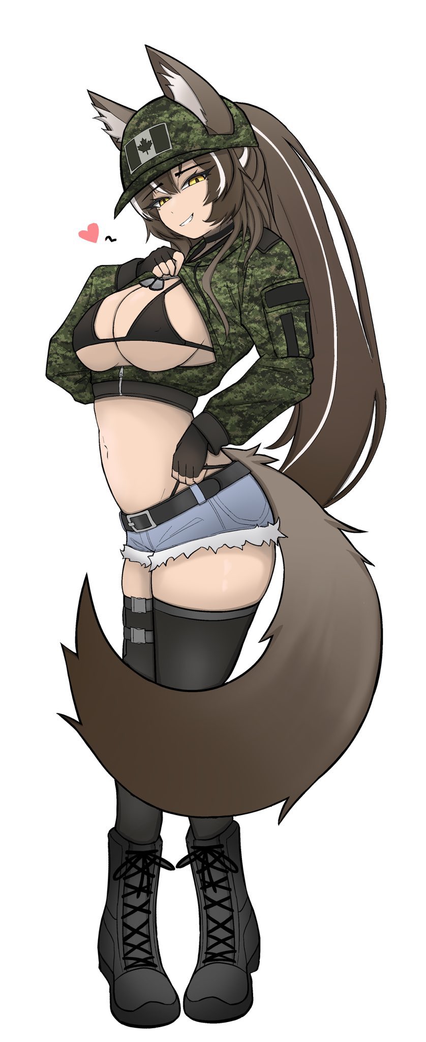1girl, animal_ear_fluff, animal_ears, boots, breasts, cadpat, callisto_(greyeth), camouflage