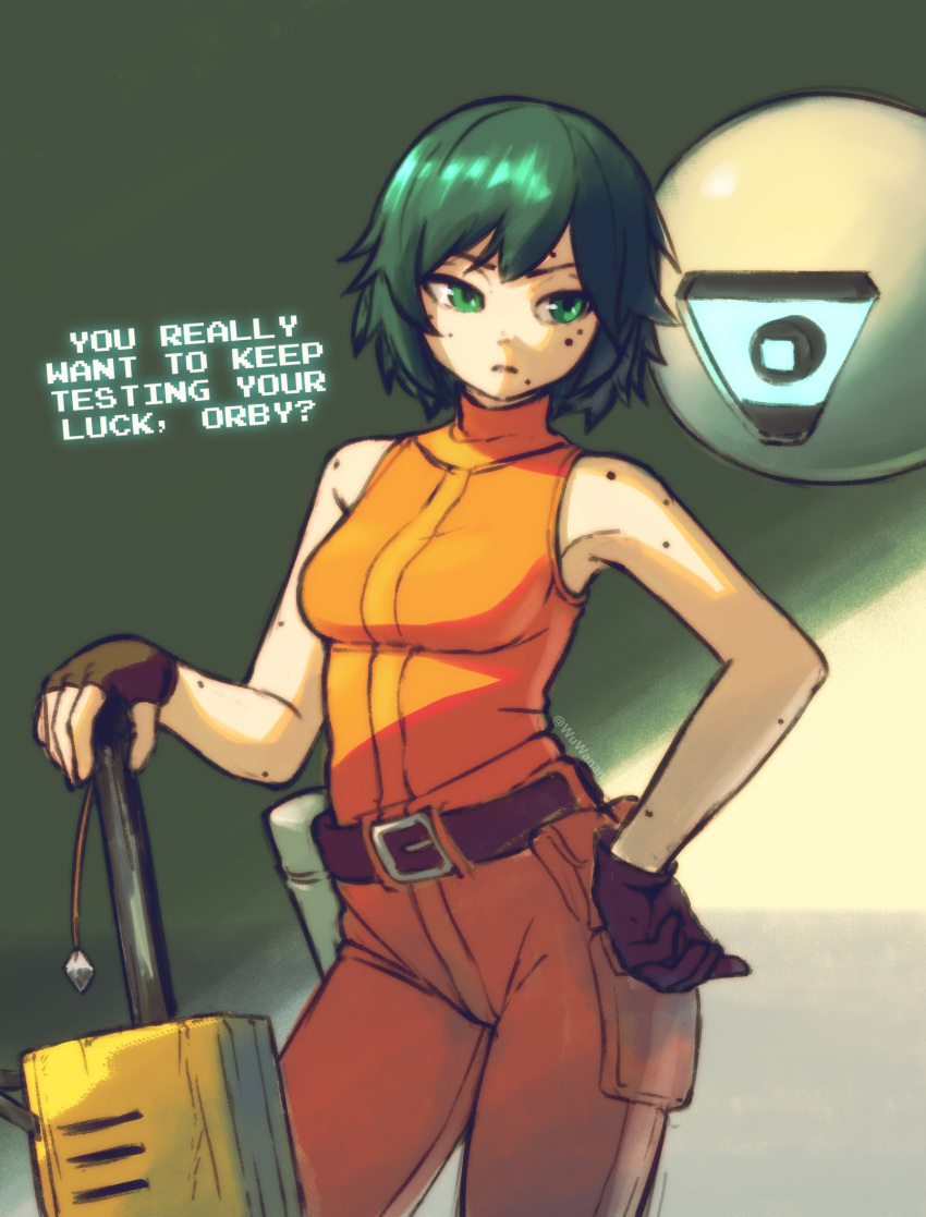 1girl, annoyed, bare_arms, belt, breasts, brown_belt, brown_gloves, chainsword