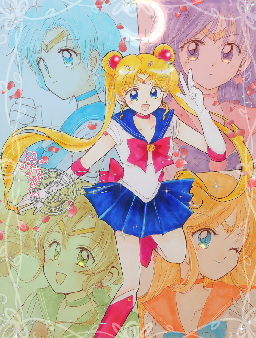 5girls, :d, absurdres, aino_minako, bishoujo_senshi_sailor_moon, bishoujo_senshi_sailor_moon_(first_season), black_hair, blonde_hair, blue_choker, blue_eyes, blue_hair, blue_sailor_collar, blue_skirt, boots, bow, bowtie, brooch, brown_hair, choker, circlet, closed_mouth, commentary, crescent_moon, double_bun, fukatsuki_mizuki, gloves, green_choker, green_eyes, green_sailor_collar, hair_bun, hair_ornament, hand_up, highres, hino_rei, inner_senshi, jewelry, kino_makoto, knee_boots, leotard, long_hair, looking_at_viewer, miniskirt, mizuno_ami, moon, multiple_girls, one_eye_closed, open_mouth, orange_choker, orange_sailor_collar, petals, pleated_skirt, red_boots, red_bow, red_bowtie, red_choker, red_petals, red_sailor_collar, rose_petals, sailor_collar, sailor_jupiter, sailor_mars, sailor_mercury, sailor_moon, sailor_senshi_uniform, sailor_venus, short_hair, signature, skirt, smile, standing, standing_on_one_leg, tsukino_usagi, twintails, very_long_hair, violet_eyes, w, watermark, white_gloves, white_leotard