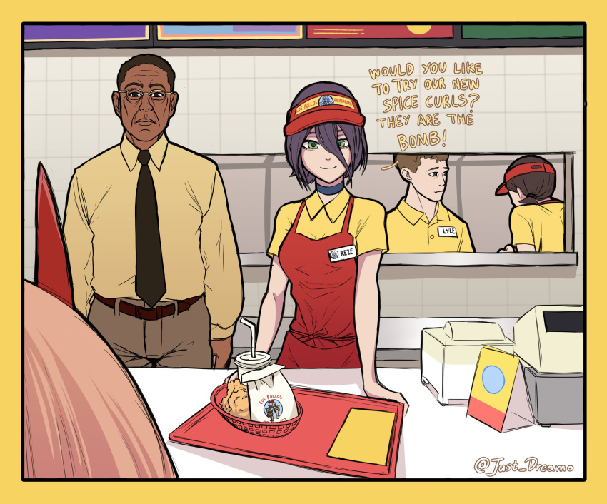 2boys, 3girls, apron, better_call_saul, black_hair, breaking_bad, chainsaw_man, chicken_(food)