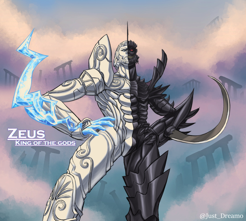 1boy, absurdres, architecture, arm_blade, artist_name, blue_eyes, character_name, demon_(megami_tensei)