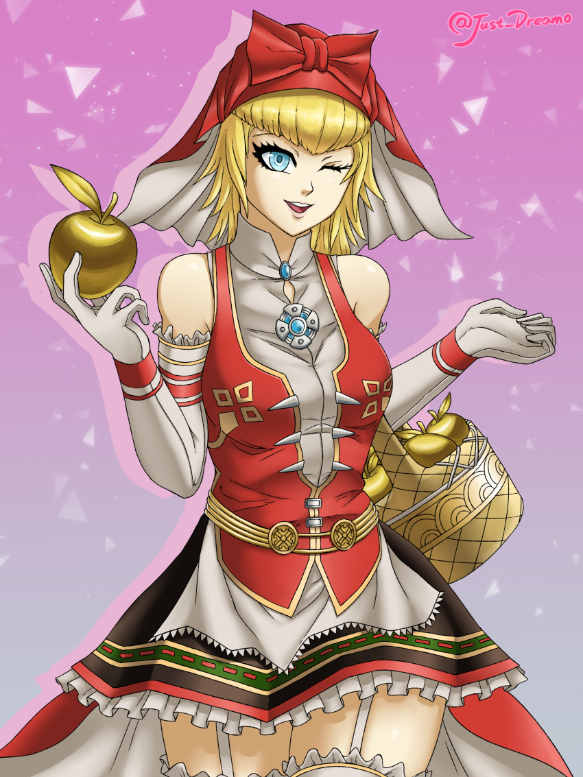 1girl, absurdres, apple, apron, bare_shoulders, basket, blonde_hair, blue_eyes