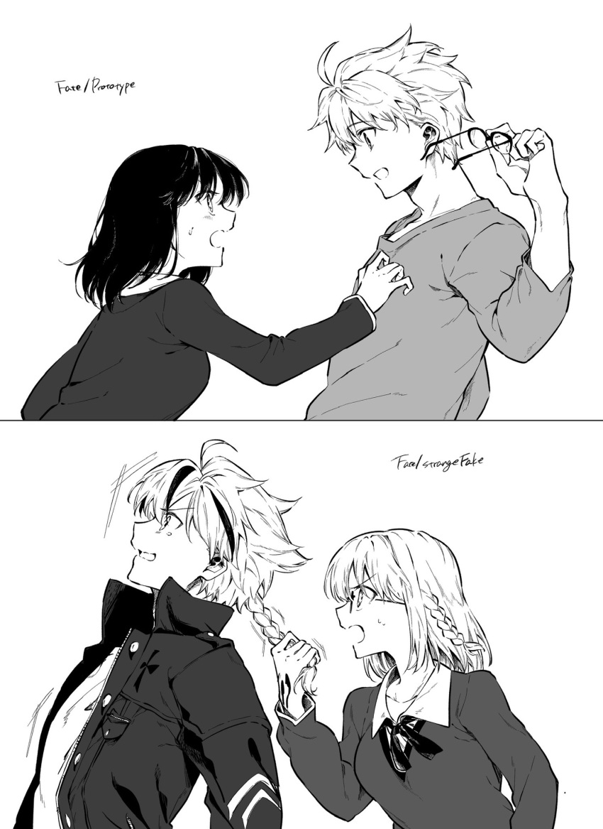 2boys, 2girls, arthur_pendragon_(fate), braid, command_spell, commentary_request, copyright_name, fate/prototype