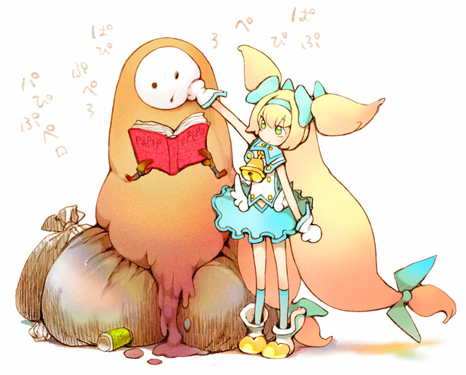 arakune, bell, blazblue, blonde_hair, book, garbage, gloves, hairband