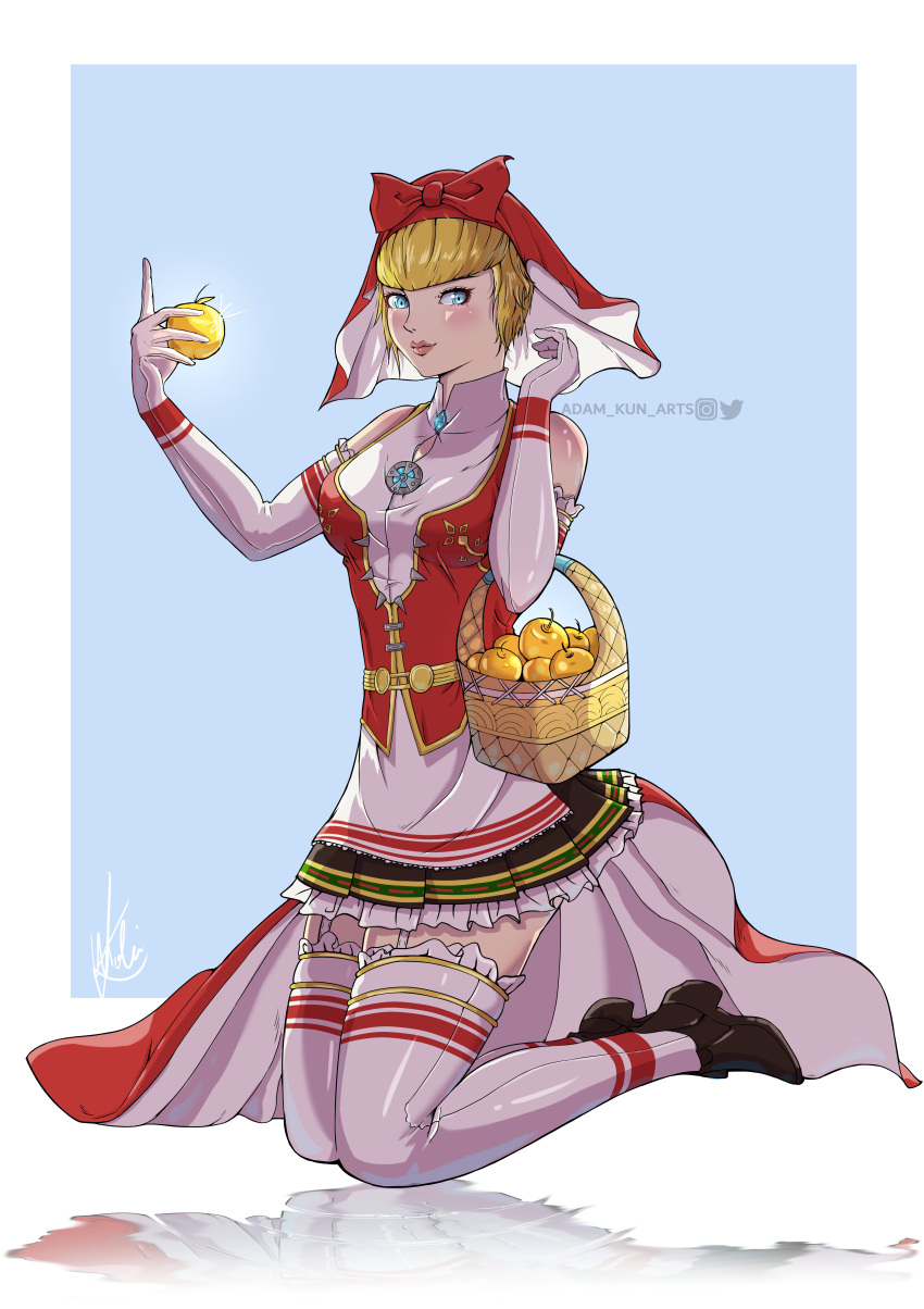 1girl, absurdres, adam_kun_arts, apple, apron, artist_name, bare_shoulders, basket
