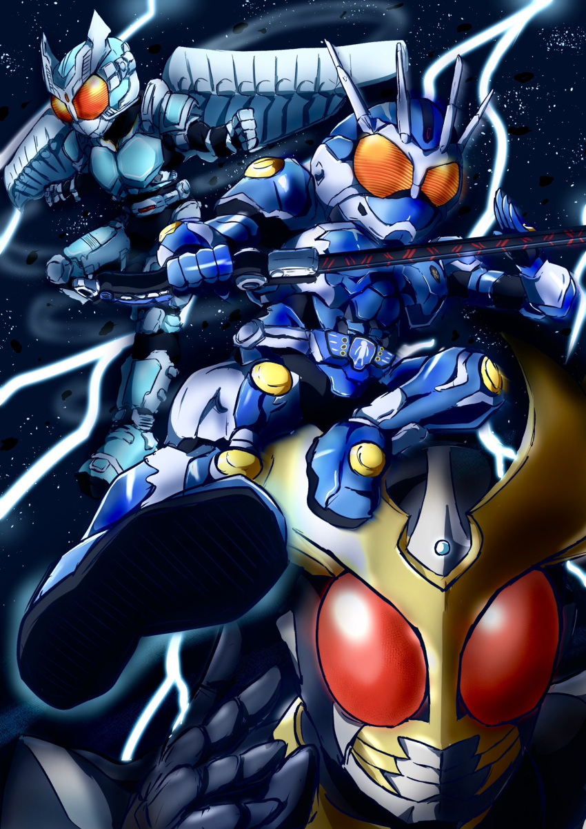 agito:_psychic_war, antennae, armor, belt, blue_armor, blue_helmet, commentary_request, compound_eyes