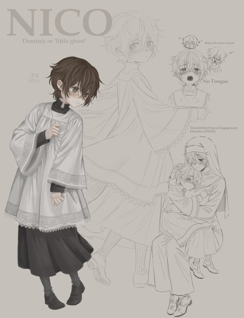 1boy, 1girl, adept_pelinal, age_difference, altar_server, brown_hair, child, english_text, full_body, height, highres, hug, mute, nico_(adept_pelinal), nun, onee-shota, original, shoes, sitting, sitting_on_lap, sitting_on_person