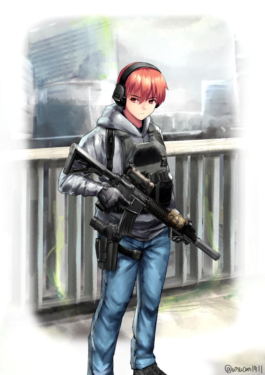 1boy, absurdres, alternate_costume, angel_beats!, assault_rifle, black_gloves, blue_pants, bridge