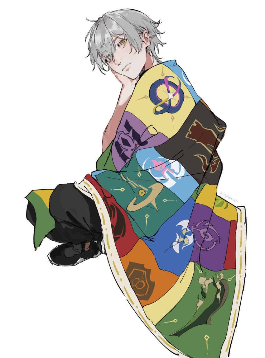 1boy, amphoreus_(honkai:_star_rail), artist_name, black_boots, black_pants, blanket, boots, caelus_(honkai:_star_rail)