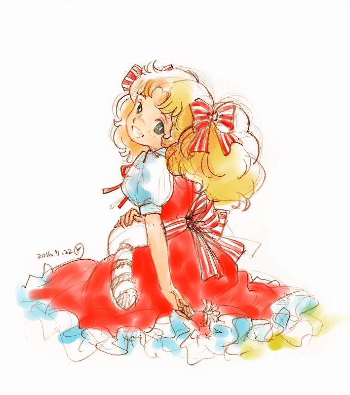 1girl, :d, animal_on_lap, back_bow, blonde_hair, bow, candice_white_ardlay, candy_candy_(series)