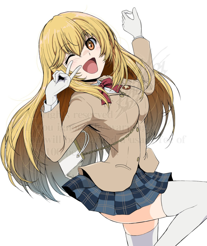 1girl, ;d, bag, blazer, blonde_hair, bow, bowtie, breasts