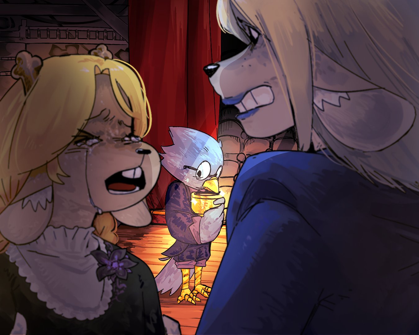 >_<, 1boy, 1girl, aged_down, awkward, bags_under_eyes, barefoot, berdly_(deltarune)