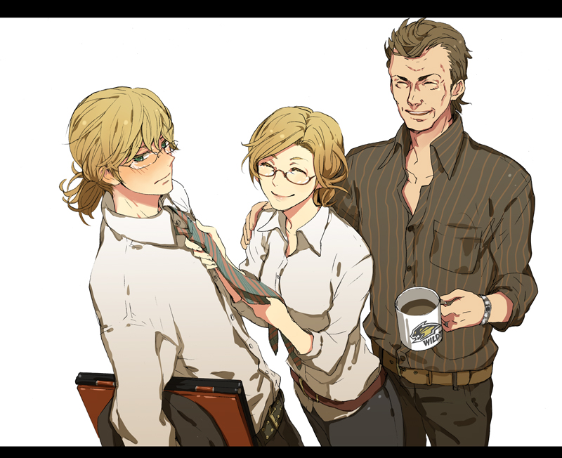 age_difference, bad_id, barnaby_brooks_jr, barnaby_brooks_sr, blonde_hair, blush, briefcase, brown_hair
