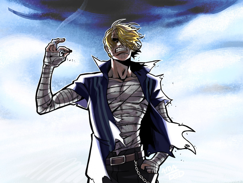 1boy, blonde_hair, cigarette, dedama75092, highres, holding, holding_cigarette, male_focus