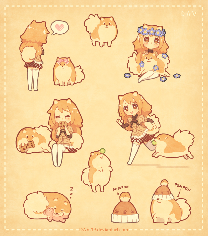 1girl, animal, animal_ears, ball, beanie, blue_flower, bow, brown_eyes, brown_hair, brown_shirt, brown_skirt, commentary, cookie, dashed_border, dav-19, deformed, dog, dog_ears, dog_girl, dog_tail, dress, eating, english_commentary, flower, fluffy, food, hair_bow, hat, head_wreath, heart, long_hair, momoko_(dav-19), multiple_views, no_shoes, original, pom_pom_(clothes), pomeranian_(dog), pompon_(dav-19), running, shirt, sitting, skirt, sleeping, spoken_heart, standing, stuffed_animal, stuffed_toy, tail, teddy_bear, tennis_ball, thigh-highs, unworn_hat, unworn_headwear, web_address, white_thighhighs, zzz