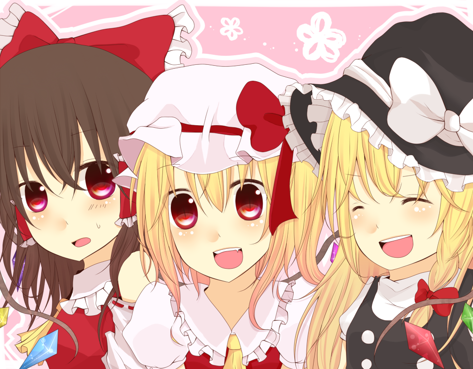 blonde_hair, brown_hair, bun_no_ji, fang, flandre_scarlet, hair_ribbon, hakurei_reimu, hat, kirisame_marisa, multiple_girls, red_eyes, ribbon, smile, touhou, witch, witch_hat