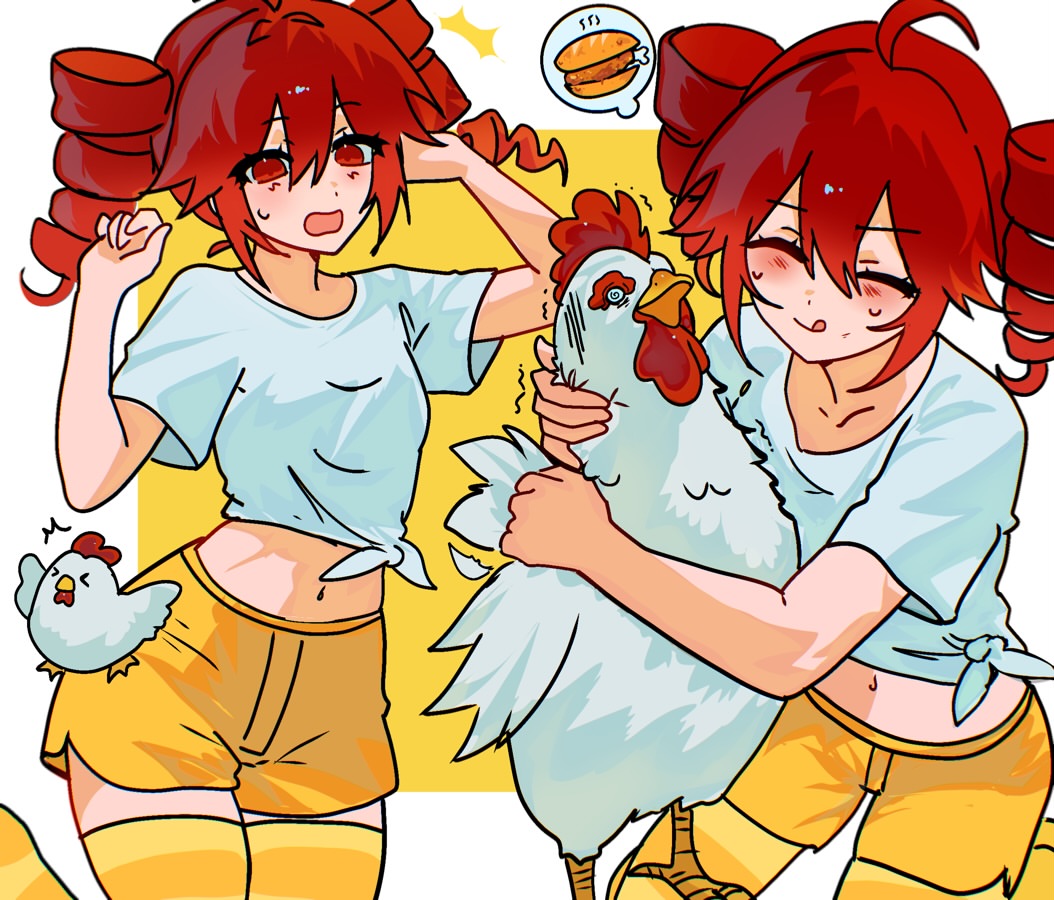 1girl, aki_achimara_xd, alternate_costume, animal_hug, bird, birdbrain_(synthesizer_v), chicken, chicken_(food), chicken_leg, food, fried_chicken, hungry, kasane_teto, multiple_views, red_eyes, red_hair, shirt, shorts, synthesizer_v, tied_shirt, white_shirt, yellow_shorts