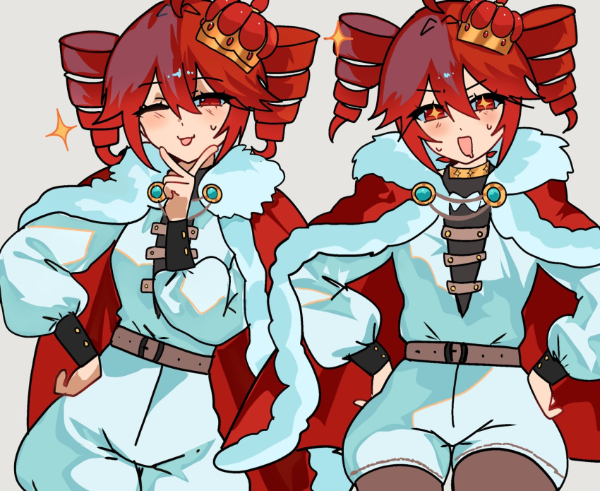 1girl, aki_achimara_xd, alternate_costume, belt, cape, crown, hand_on_own_hip, hands_on_own_hips