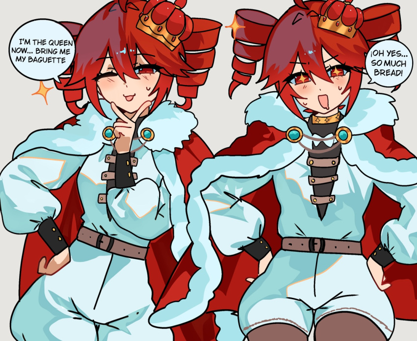 1girl, aki_achimara_xd, alternate_costume, belt, cape, crown, hand_on_own_hip, hands_on_own_hips