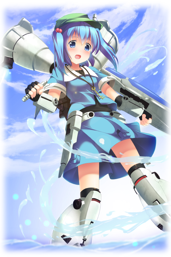 aqua_eyes, aqua_hair, gundam, gundam_0083, gundam_gp-01_full_vernian_zephyranthes, hat, kawashiro_nitori, mecha_musume