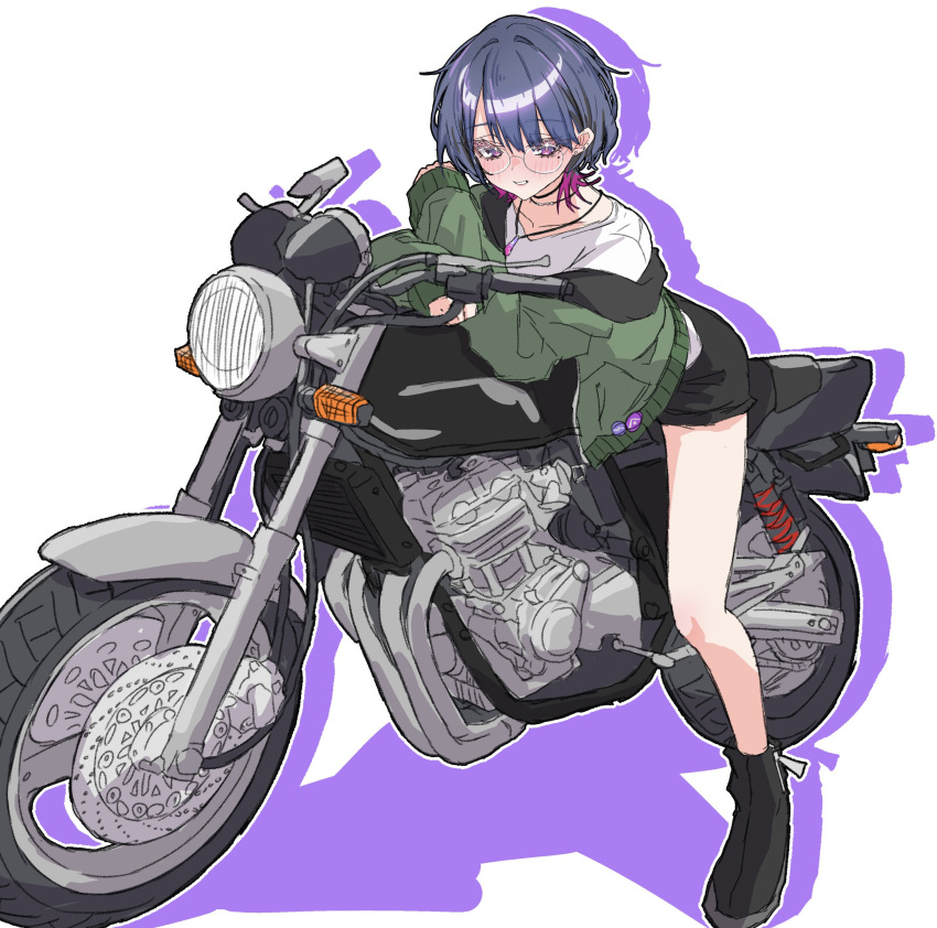 1girl, absurdres, bare_legs, blue_hair, blush, boots, commentary, glasses