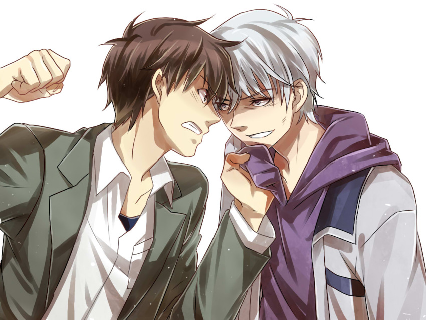 brown_hair, eye_contact, face-to-face, face_to_face, fighting, kamisama_dolls, kuga_aki, kuga_kyouhei, looking_at_another, male, multiple_boys, smirk, white_hair, zoff_(daria)
