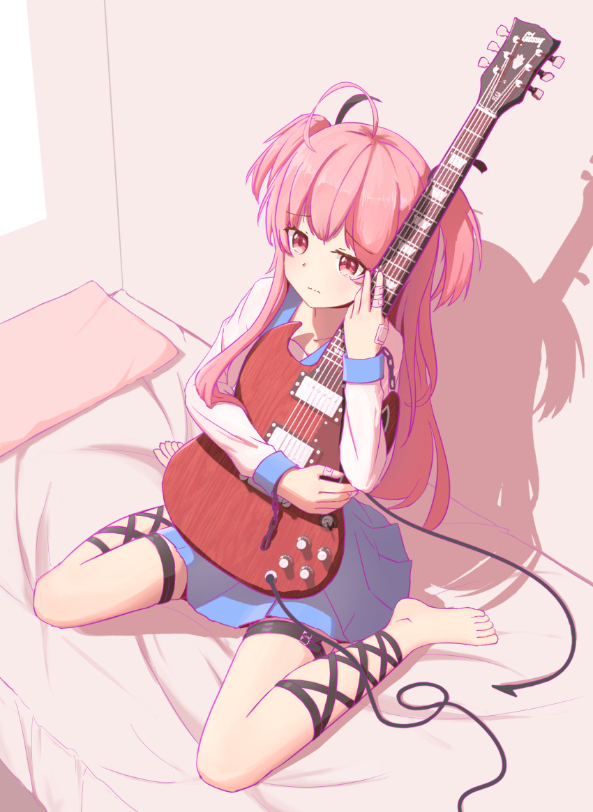 1girl, ahoge, angel_beats!, bandaged_fingers, bandages, barefoot, black_ribbon, blue_sailor_collar