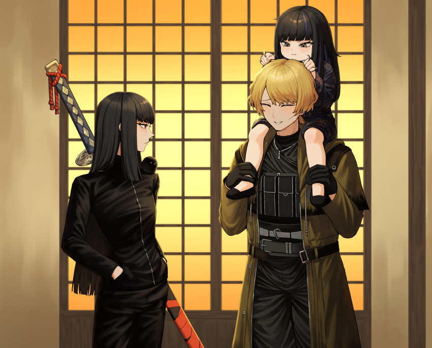 1boy, 2girls, a_certain_sinclair_(project_moon), absurdres, animal_on_shoulder, animal_print, araya_(project_moon), belt
