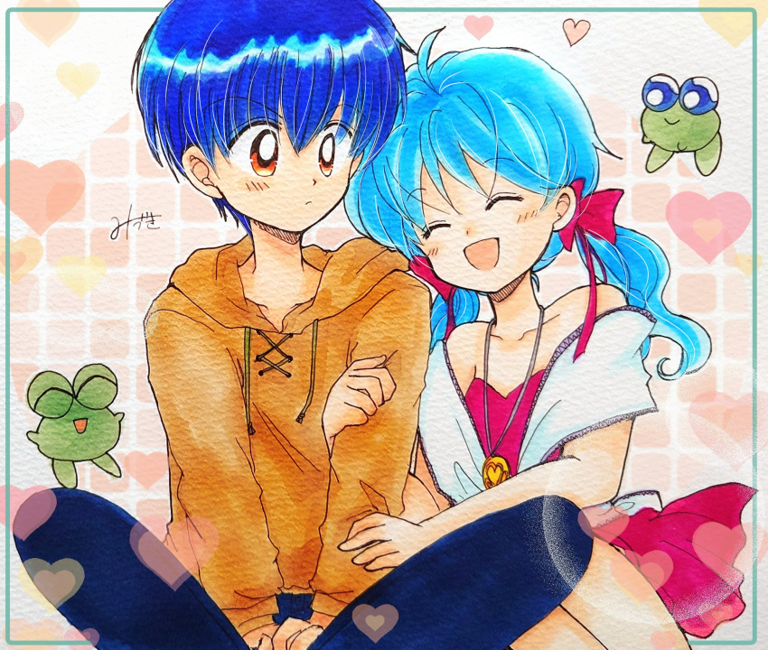1boy, 1girl, animal, aoi_(kero_kero_chime), arm_hug, between_legs, blue_hair, blue_pants