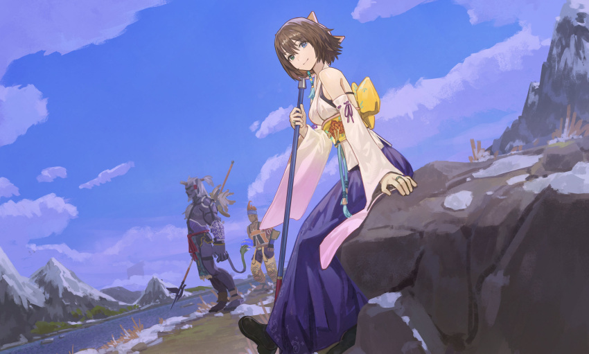1girl, 2boys, absurdres, ball, blue_fur, brown_hair, closed_mouth, commentary