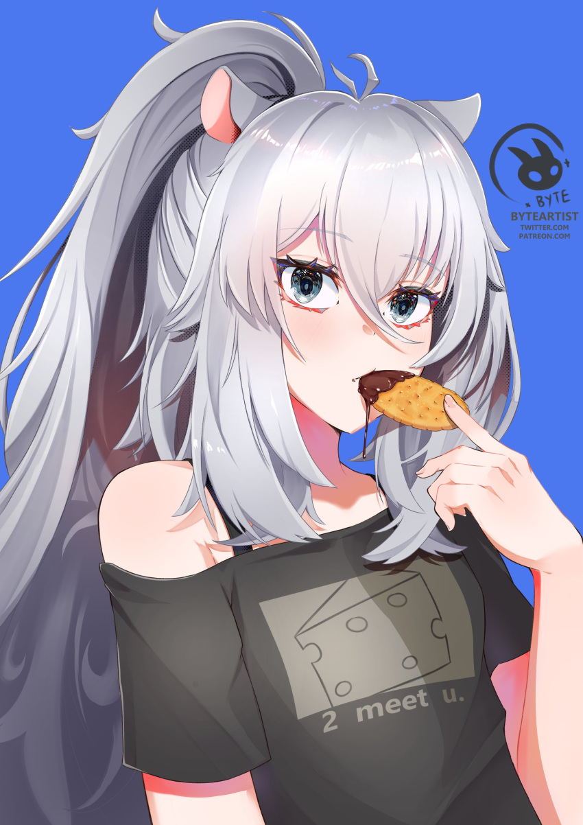 1girl, absurdres, animal_ears, blue_background, blue_eyes, bra_strap, byte-artist, cheese_print