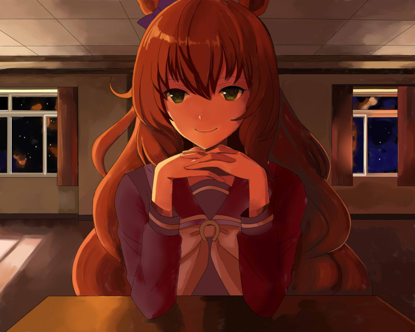 1girl, animal_ears, bow, bowtie, breasts, brown_hair, classroom, commentary_request