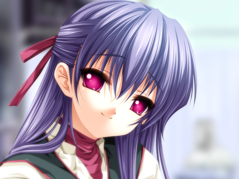 game_cg, hair_ribbon, koisuru_otome_to_shugo_no_tate, looking_at_viewer, pink_eyes, purple_hair, ribbon, sanada_setsuko