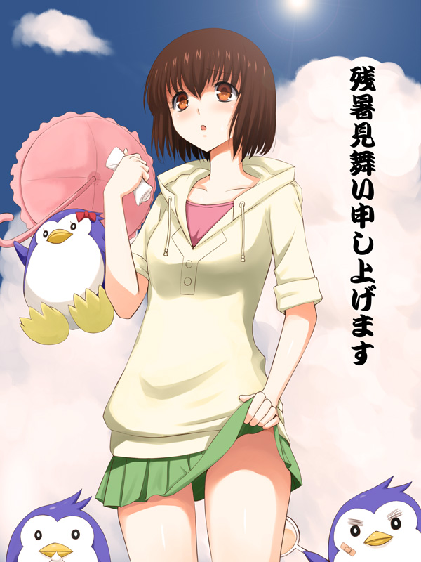 bandaid, bow, brown_eyes, brown_hair, cloud, collarbone, dress, hoodie