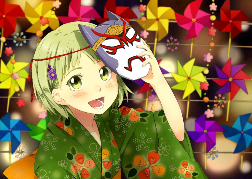blonde_hair, flower, green_eyes, hair_ornament, huang_baoling, japanese_clothes, mask, mirin_(youton_jou)
