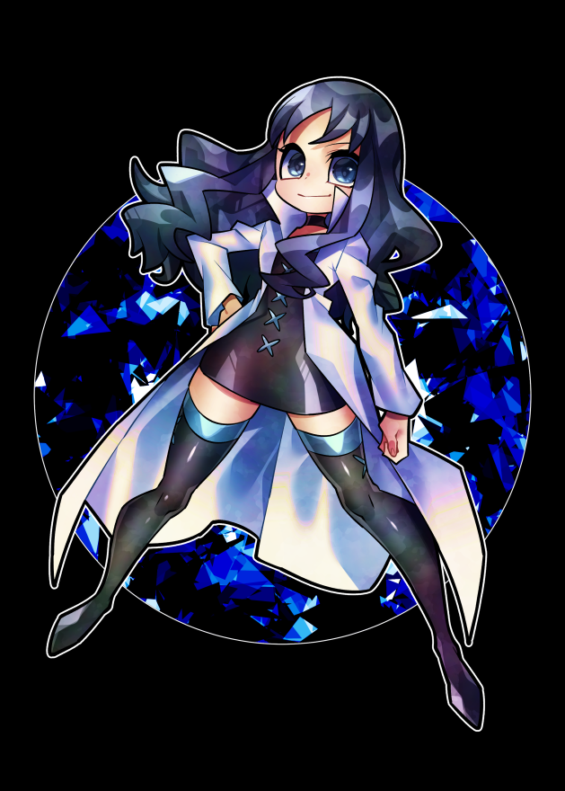 1girl, black_background, black_choker, black_dress, black_hair, blue_eyes, boots, choker, closed_mouth, commentary_request, cure_marine_mirage, dress, english_commentary, heartcatch_precure!, lab_coat, mirage_precure, mixed-language_commentary, precure, senmu_(0107), simple_background, solo, thigh_boots