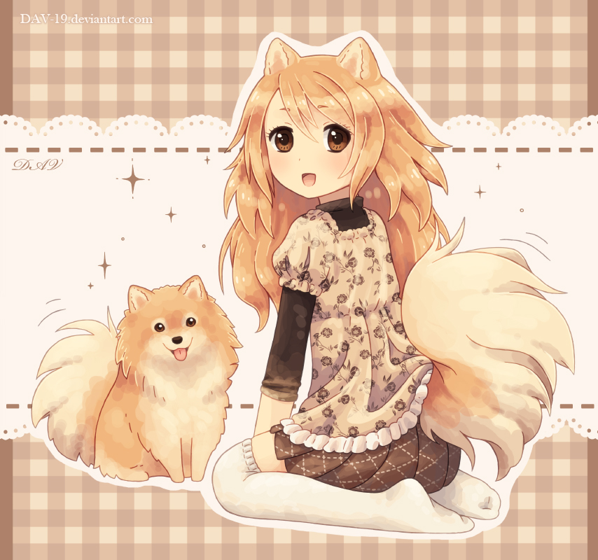1girl, :d, animal, animal_ears, blonde_hair, blush, brown_eyes, brown_shirt