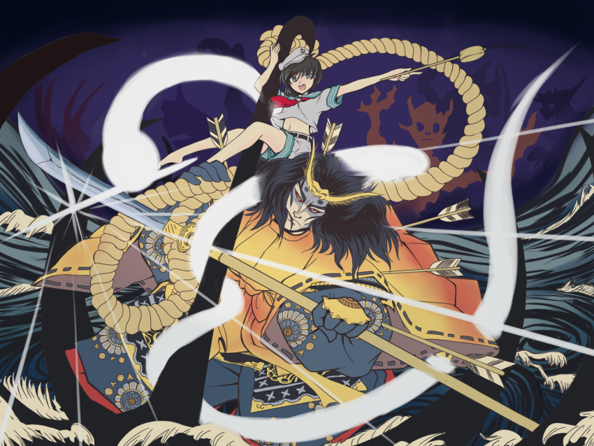 arrow, ascot, bare_legs, barefoot, belt, black_hair, blue_eyes, character_request, flx, hat, highres, hishaku, midriff, murasa_minamitsu, naginata, navel, polearm, red_eyes, rope, sailor, sailor_hat, shorts, sitting, taira_no_tomomori, touhou, weapon