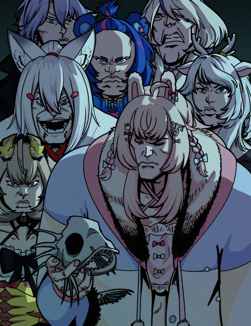 6+girls, closed_mouth, commentary, english_commentary, fish_skeleton, fujikura_uruka, hakushika_iori, highres, holding, invincible_(series), just_steve, looking_at_viewer, manlification, meme, multiple_girls, open_mouth, phase_connect, phase_origins, pipkin_pippa, rinkou_ashelia, scene_reference, shisui_michiru, skeleton, smile, tenma_maemi, utatane_nasa, viltrumite_group_shot_(meme), virtual_youtuber