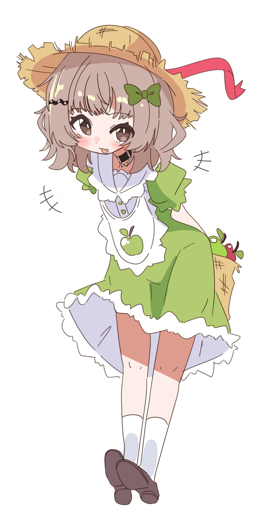 1girl, :d, absurdres, apple, apple_print, apron, arms_behind_back, black_choker