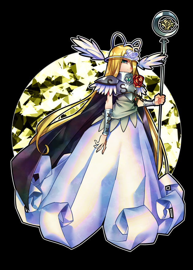 1girl, armor, black_background, black_cape, blonde_hair, cape, closed_mouth, commentary_request, cure_angie, english_commentary, gorget, green_eyes, hair_over_one_eye, heartcatch_precure!, holding, holding_staff, long_hair, mixed-language_commentary, precure, senmu_(0107), simple_background, solo, staff, very_long_hair
