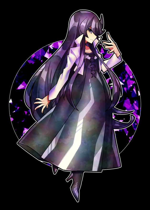 1girl, black_background, black_dress, black_hair, choker, closed_mouth, commentary_request, cure_moonlight_mirage