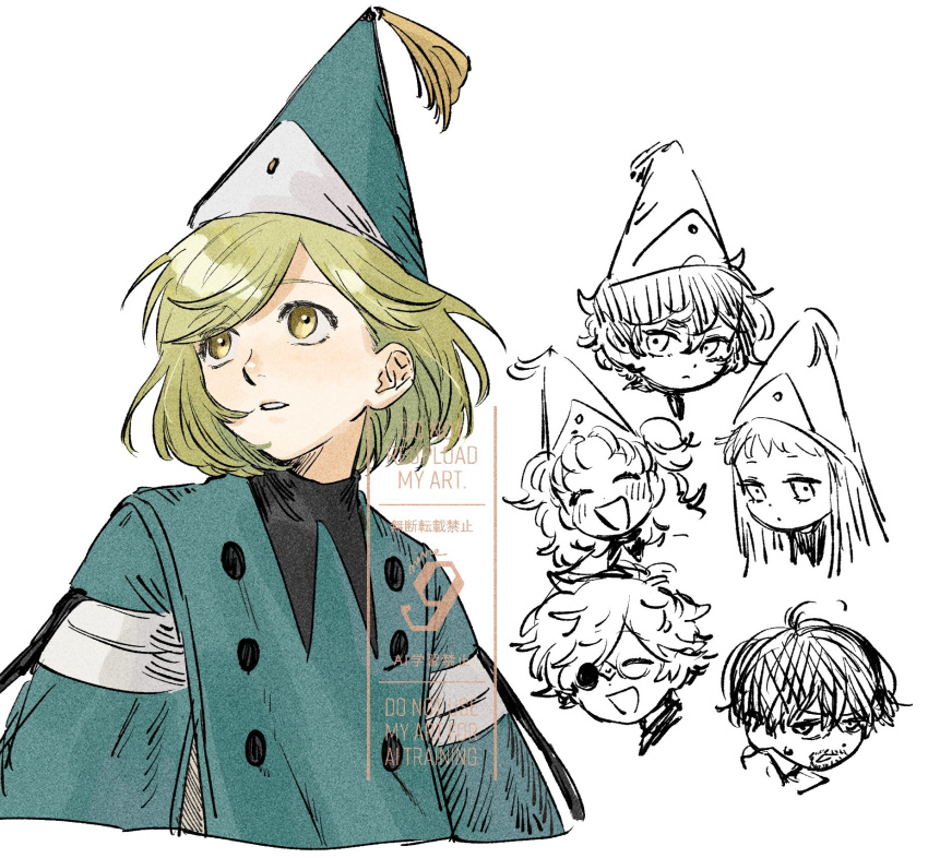 2boys, 4girls, agott_arklaum_(tongari_boushi_no_atelier), blonde_hair, blush, cloak, coco_(tongari_boushi_no_atelier), commentary_request