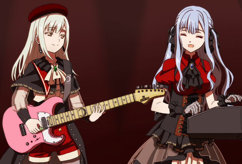 2girls, 7-string_guitar, ^_^, ascot, bang_dream!, bang_dream!_it's_mygo!!!!!, beret, black_ascot