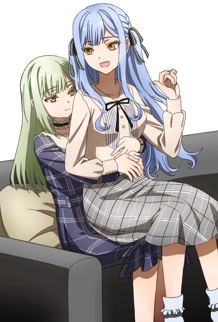 2girls, bang_dream!, bang_dream!_it's_mygo!!!!!, black_ribbon, blue_dress, blue_hair, closed_mouth, commentary_request