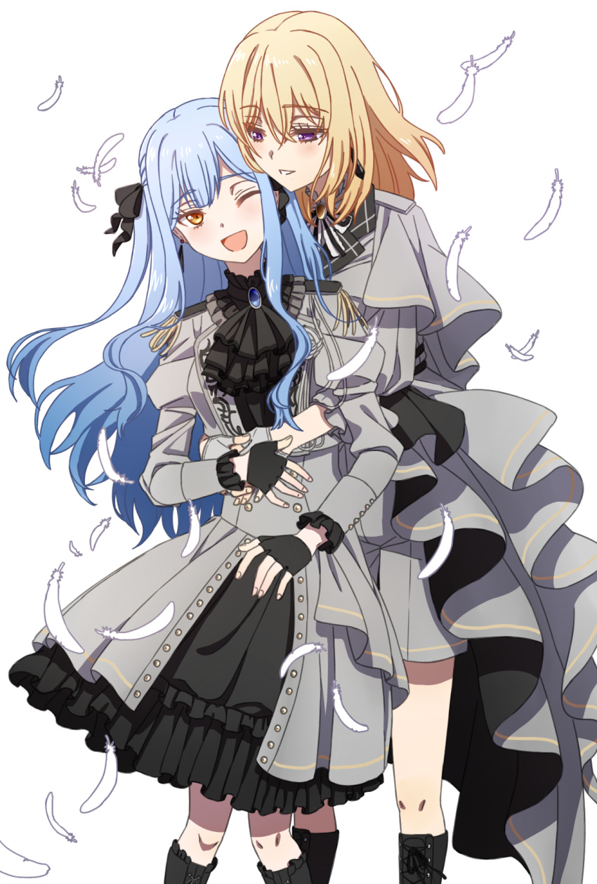 2girls, bang_dream!, bang_dream!_it's_mygo!!!!!, black_boots, black_gloves, black_ribbon, blonde_hair, blue_hair