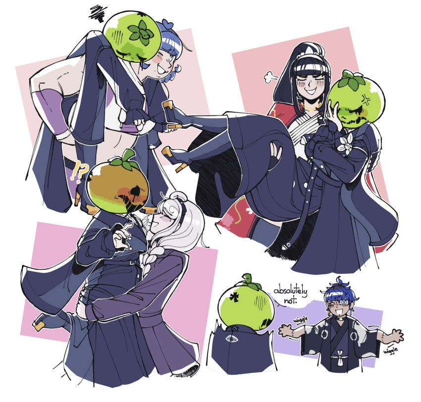 1boy, 4girls, ^_^, anger_vein, black_boots, black_dress, black_hair, black_hairband, black_haori, black_jacket, blue_hair, boots, braid, cape, carrying, carrying_person, closed_eyes, commentary, dress, earrings, english_commentary, eye_print, eyepatch, grey_hair, grey_kimono, grin, hairband, haori, high_heels, highres, jacket, japanese_clothes, jewelry, kimono, kirifuji_nozomi, long_hair, magadori_kyoshika, medium_hair, mojiro_moko, multicolored_hair, multiple_girls, multiple_views, novemblem, omokage_yugamu, one_eye_closed, oosuzuki_kurara, piggyback, ponytail, princess_carry, print_eyepatch, purple_hair, red_cape, short_hair, smile, the_hundred_line_-last_defense_academy-, thigh_boots, white_dougi, white_hairband
