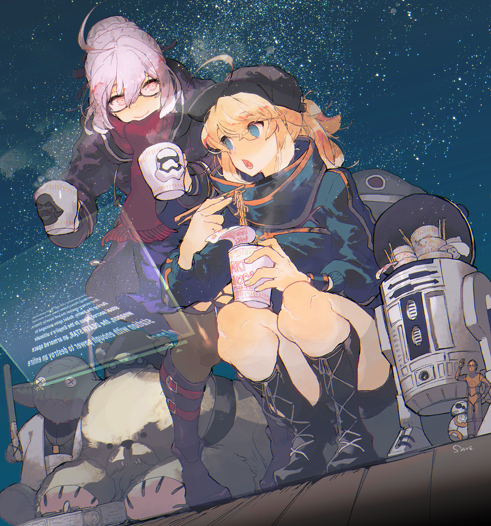 2girls, ahoge, artoria_pendragon_(fate), baseball_cap, bb-8, belt, belt_boots, belt_buckle